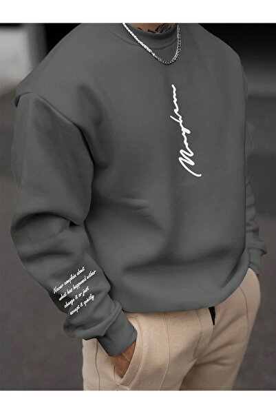 CROFT (3 Yarn) Navy Blue Ba Printed Isiklet Yaka Ov Oversized Weatshirt