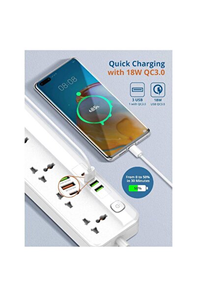 HYX سلك تمديد طاقة عالمي بخمسة منافذ مع USB PD و QC3.0، سلك بطول 2 متر