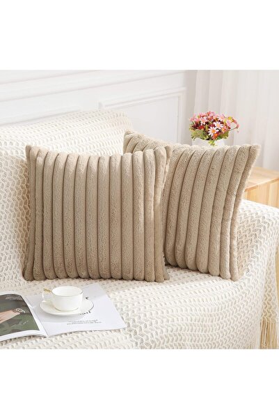 BananaHome Faux Fur Plush Throw Pillow Covers Set of 2 (Khaki, 45x45 cm)