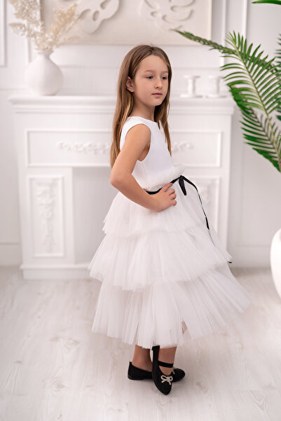 Asel Kids Rochie de seară albă pentru fete pentru ocazii speciale Rochie cu etaje din tul