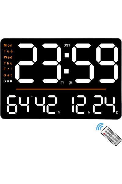 KASTWAVE ساعة حائط رقمية LED كبيرة مقاس 15.6 بوصة مزودة بجهاز تحكم عن بُعد، لعرض التاريخ ودرجة الحرارة والرطوبة، وخاصية التعتيم التلقائي