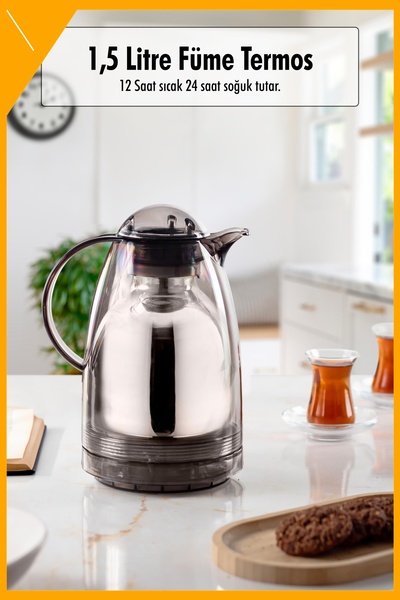 İN3DEX Füme Cam Termos 1.5 LT, 12 Saat Sıcak & 24 Saat Soğuk Tutan Isı Yalıtımlı
