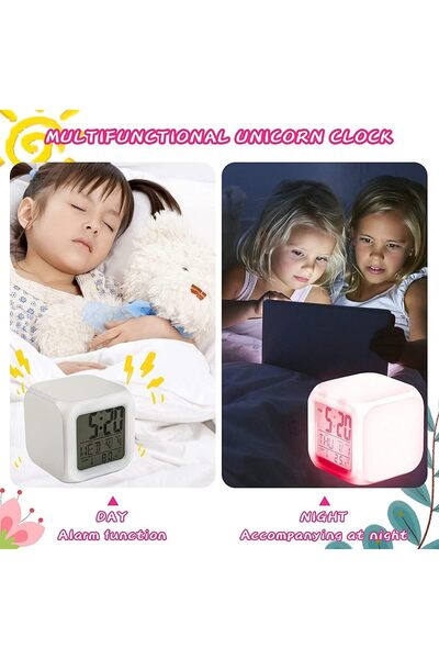 JOYZZZ LED Kids Alarm Clock, 7-Color Night Light Cube, Battery Powered (White)