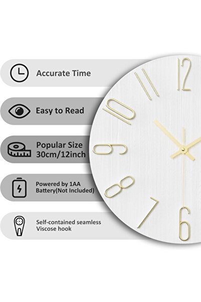 Generic Wall Clock 12 Inch Silent Non-Ticking Wooden Battery Operated Modern (White)