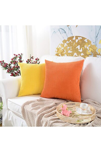 MERNETTE Pack of 2 Corduroy Decorative Throw Pillow Covers 45x45 cm (Striped Orange)