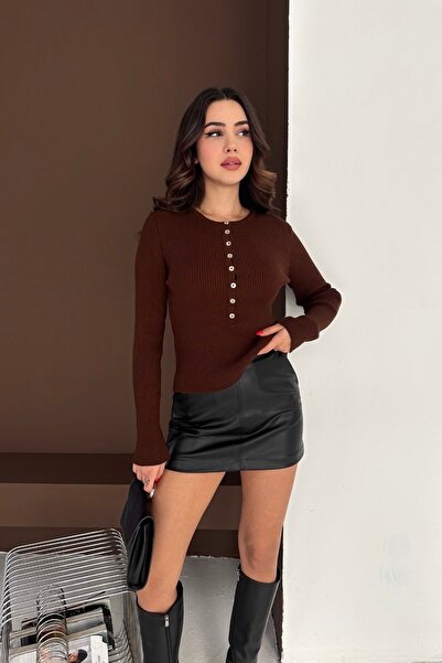 Noi Belis Basic Half Placket Buttoned Crew Neck Knitwear Sweater Aw25Kz0118