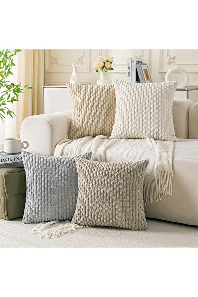 KASTWAVE Set of 4 Neutral Corduroy Throw Pillow Covers 18x18 Inch