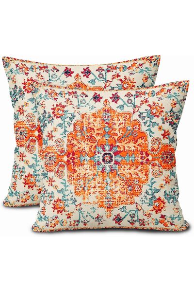 Generic أغطية وسائد مزخرفة بتصميم بوهو، برتقالي مرجاني أزرق مخضر زهري، كتان، 18 × 18 بوصة، مجموعة من قطعتين