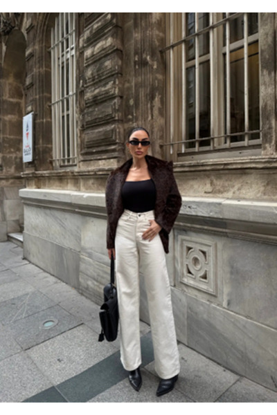 Seşa Women's High Waist Flared Denim Jean Cream Jeans Trousers