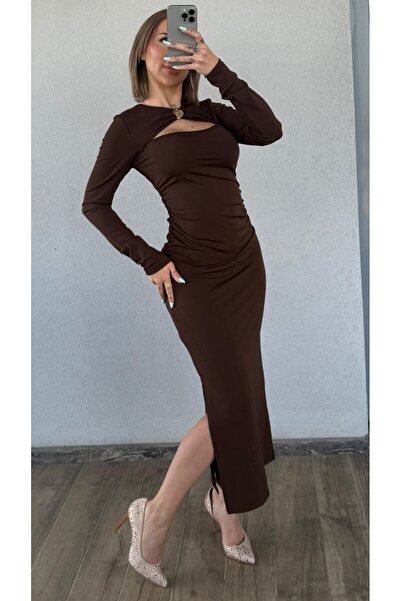 Fav Style Women's Cut Out Detailed Long Sleeve Slit Long Dress Brown