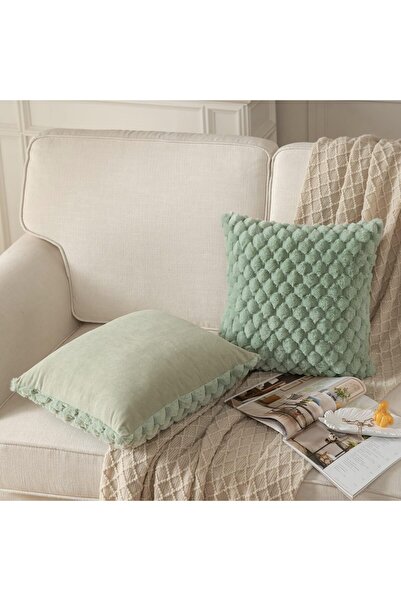 BananaHome 2pack Super Soft Cozy Plaid Faux Fur Throw Pillow Covers 45x45cm (Sage Green)