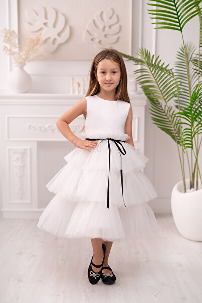 Asel Kids Rochie de seară albă pentru fete pentru ocazii speciale Rochie cu etaje din tul