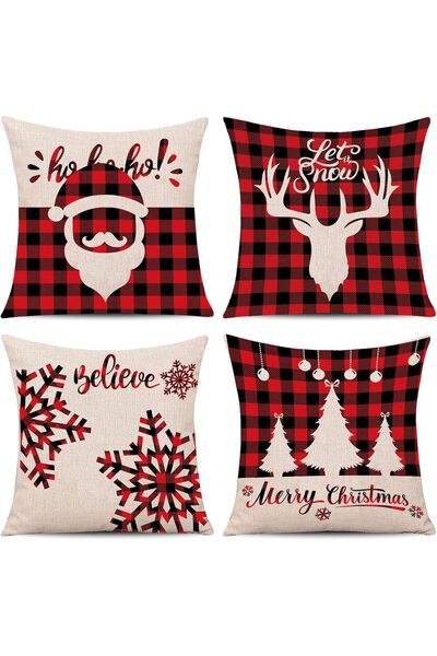 Whaline 4-Piece Christmas Pillow Covers, Red/Black Buffalo Plaid, 18 x 18 in