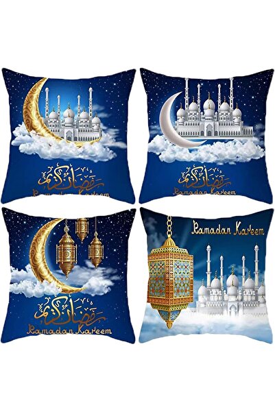 Tiokkss Ramadan Throw Pillow Covers 45x45cm Set of 4 - Moon Stars Lantern Pattern