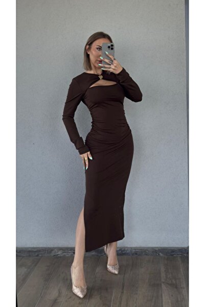 Fav Style Women's Cut Out Detailed Long Sleeve Slit Long Dress Brown