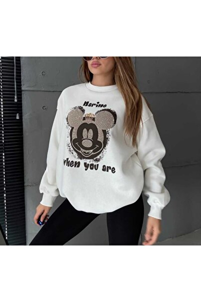 Mint Women's Oversized Sweatshirt with Feather Print Detail