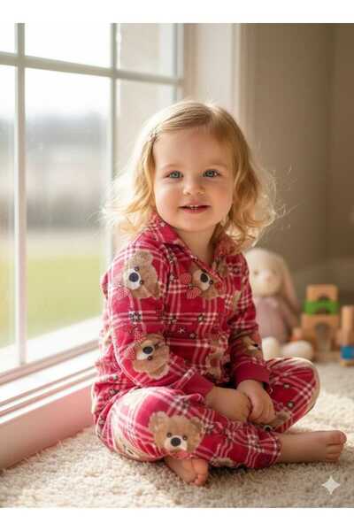 zavera for kids Children's Unisex Teddy Bear Detailed Pajama Set - 100% Cotton