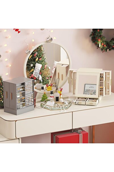 Lifewit 360° Rotating Jewelry Box with Mirror, 6-Drawer Organizer - Creamy