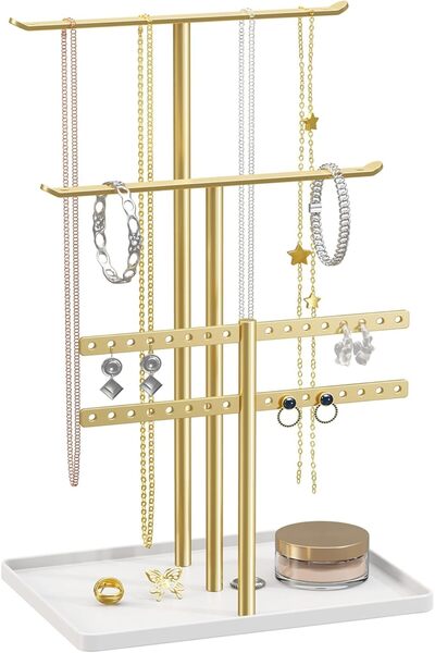 NALACAL منظم حامل المجوهرات، عرض ثلاثي الطبقات للقلائد والأقراط مع صينية بيضا...