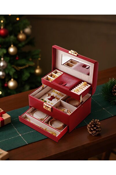 CASEGRACE Jewelry Box, 3-Layer Leather Jewelry Storage Box (Red)