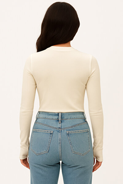 Hayalet Soft Modal Textured Cotton Woven Long Sleeve Finger-Loop Crew Neck Bodysuit – Stretchy Basic T-Shirt