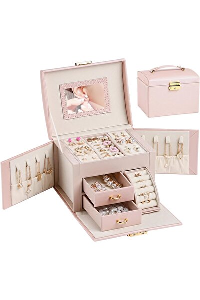 URbazaar منظم صندوق مجوهرات بثلاث طبقات مع غطاء زجاجي (وردي)