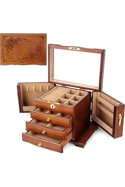 Generic صندوق خشبي لتنظيم المجوهرات مع مرآة وأدراج، طراز عتيق (نقشة ورد، 28 × 20 × 19 سم)