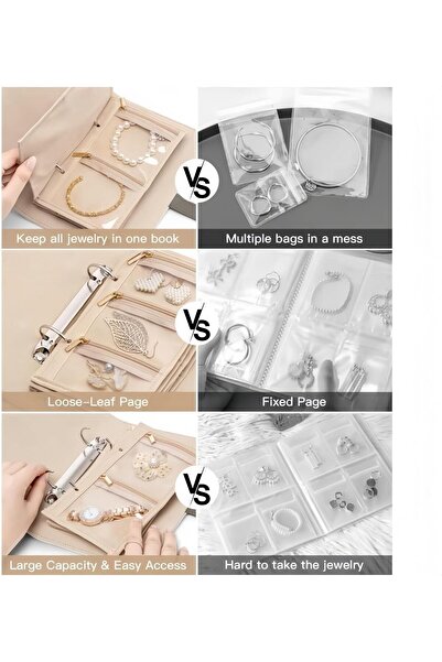 Generic Travel Jewelry Storage Case, Ring Binder Organiser with Velvet Pouches, Cream White