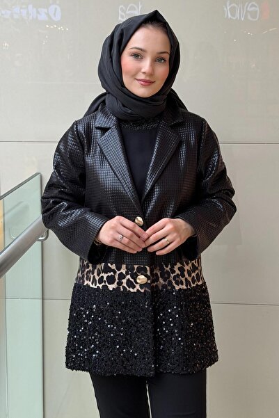 Ghisa Square Patterned Leather Jacket with Sequins and Leopard Detail