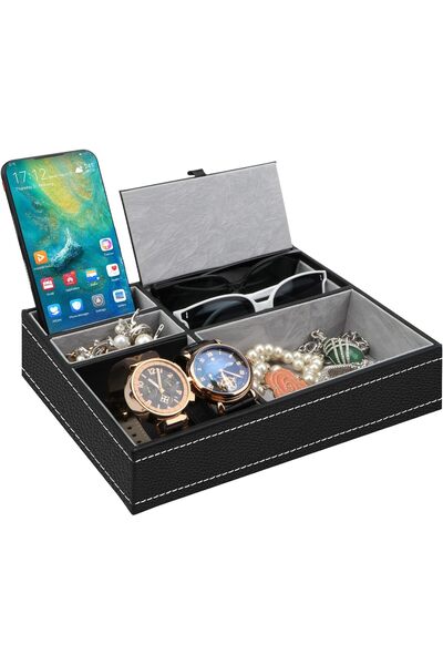 Homarket Mens Valet Tray Organizer - Faux Leather Nightstand Dresser Tray wit...