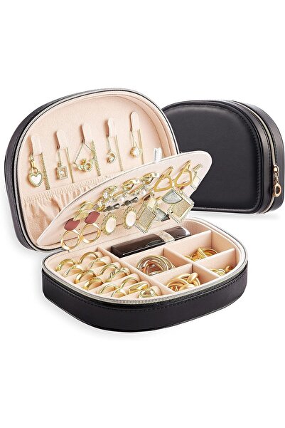 JOYZZZ Travel Jewelry Box, Black Mini Jewelry Organizer, 2-Layer PU Leather Travel Case for Rings &