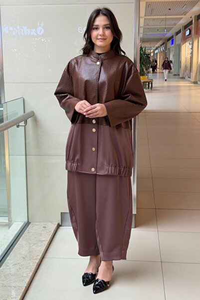 Ghisa Square Leather and Satin Combination Front Snap Button Cap Pants Set