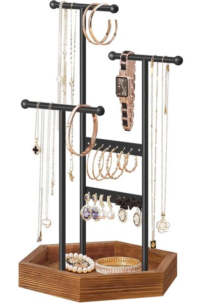 SONGMICS حامل مجوهرات، منظم مجوهرات، 4 مناطق مستقلة، إطار معدني، أسود وكراميل...