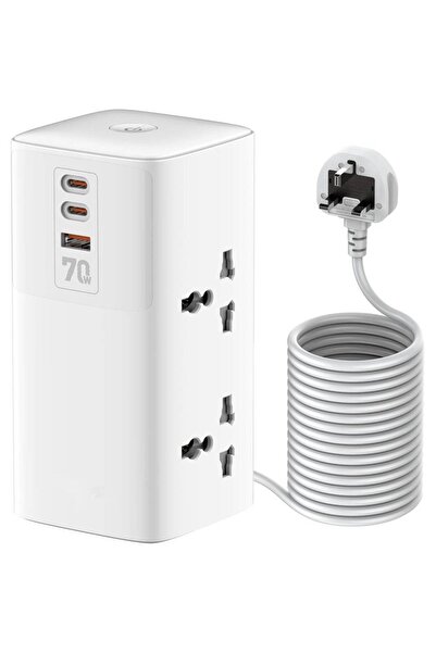 HYX شريط طاقة برجي 7 في 1 من GaN بقوة 70 وات - 4 منافذ تيار متردد عالمية، 2 منفذ USB-C PD + منفذ USB-A، بطول 2 متر