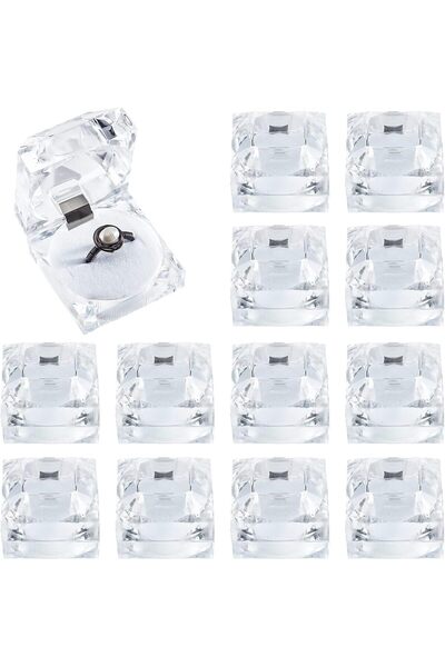 NALACAL 12pcs Clear Crystal Ring Boxes Acrylic Jewelry Storage with Velvet Foam - White