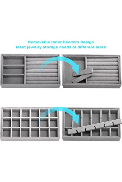 HOUSLET 4 Pcs Stackable Velvet Jewelry Tray Organizer Drawer Inserts (Grey)