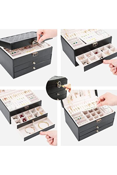 YHOME Jewelry Box Organizer for Women & Girls, 3-Layer Leather Jewelry Storage with Lock and Removab
