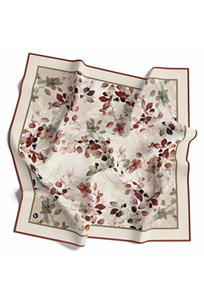 VİOLLA Kristal Çiçek Desenli Bordo - Bej Renkli 90x90 Eşarp (İpek İçermez) Ke...