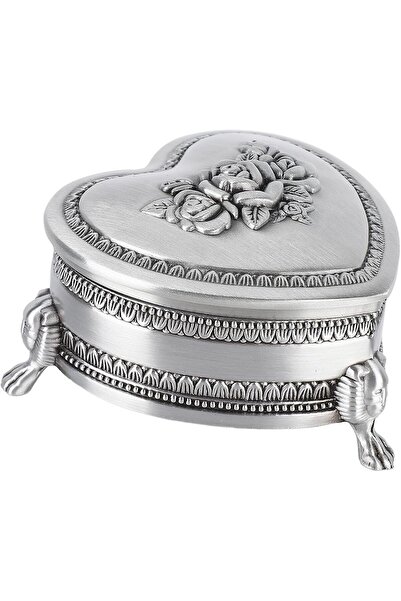 Sorandy صندوق مجوهرات معدني عتيق على شكل قلب، منحوت عليه زهرة عتيقة، فضي