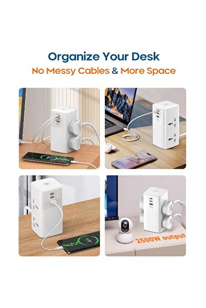 HYX شريط طاقة برجي 7 في 1 من GaN بقوة 70 وات - 4 منافذ تيار متردد عالمية، 2 منفذ USB-C PD + منفذ USB-A، بطول 2 متر