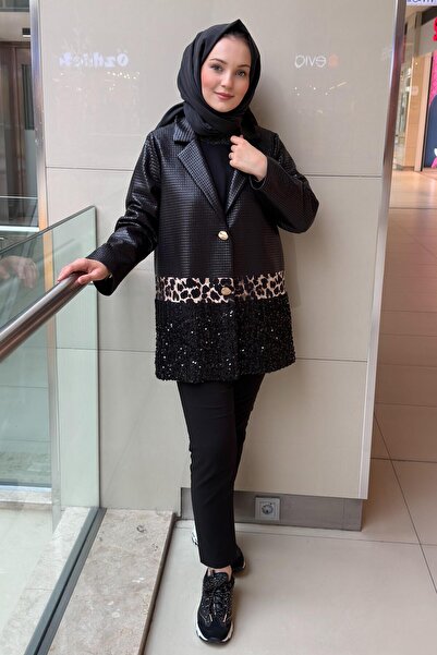 Ghisa Square Patterned Leather Jacket with Sequins and Leopard Detail