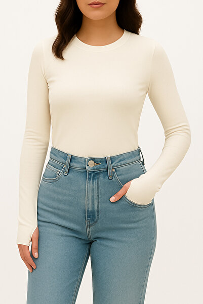 Hayalet Soft Modal Textured Cotton Woven Long Sleeve Finger-Loop Crew Neck Bodysuit – Stretchy Basic T-Shirt