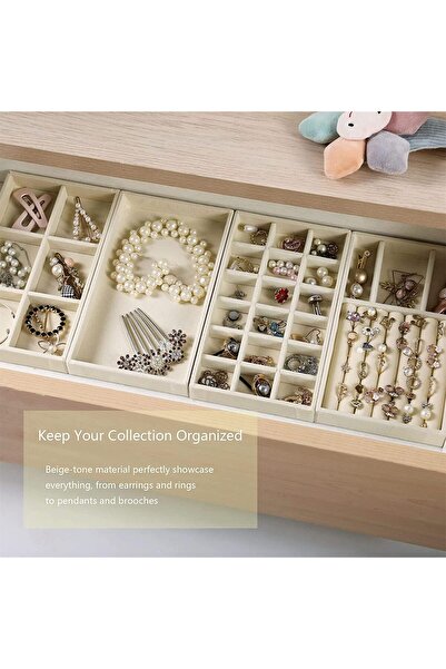 KASTWAVE Jewelry Trays Organizer Set for Drawers, Stackable Velvet Inserts, 4-Piece (Beige)
