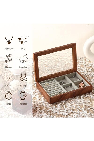KASTWAVE Vintage Walnut Wooden Jewelry Box - Medium Solid Wood Trinket Organizer with Glass Lid
