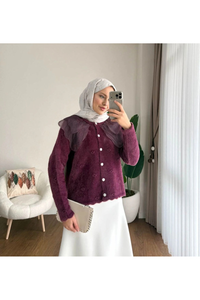 DEFNECE BUTİK Lace Collar Angora Cardigan - Plum