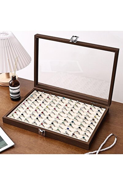 Generic 100-Slot Ring Display Case, Walnut Wood Box with Glass Lid, Jewelry Organizer with Flannelette Mat