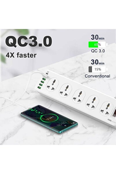 HYX شريط طاقة مزود بـ 10 منافذ وواقي من زيادة التيار مع 6 منافذ USB PD+QC 32 وات، 2 متر، أبيض