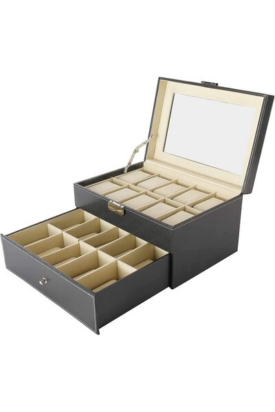 SKEIDO علبة تخزين للساعات، مصنوعة من جلد البولي يوريثان قابلة للقفل، طبقتين، 20 فتحة، لون أسود