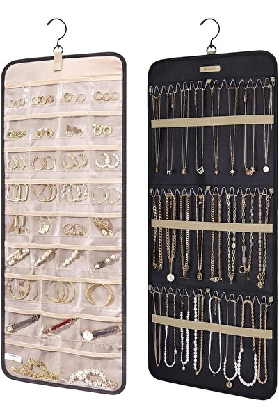 Khazna Hanging Jewelry Organizer Storage Roll – Double-Sided with Metal Hooks...