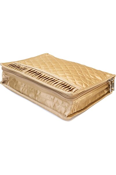 Generic Satin Fabric Jewelry Organizer with 6 Pouches, 25x20x8 cm (Golden)